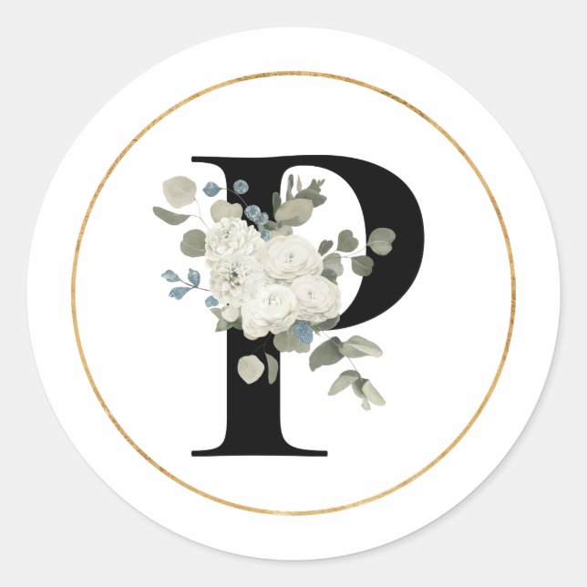 Eleganter weißer Floral Monogramm Buchstabe P auf  Runder Aufkleber (Vorderseite)