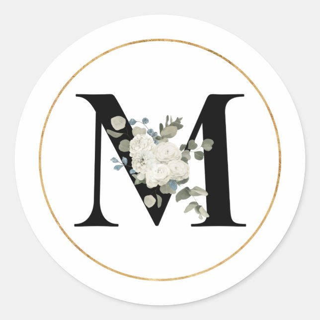 Eleganter weißer Floral Monogramm Buchstaben M auf Runder Aufkleber (Vorderseite)