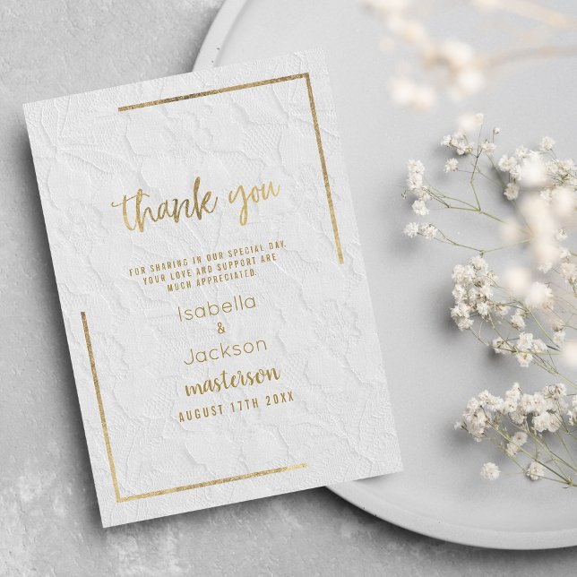 Eleganter, weißer, französischer Blumenzauber Dankeskarte (Elegant white gold french floral lace Wedding Invitation)