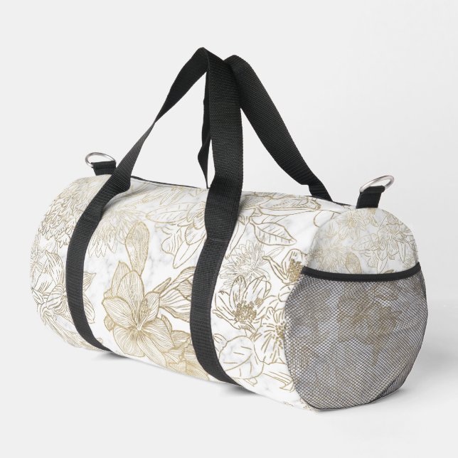 Eleganter weißer Goldmarmor mit Blumen Duffle Bag (Rechte Ecke)