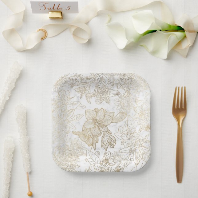 Eleganter, weißer Goldmarmor mit Blumen Pappteller (Hochzeit)