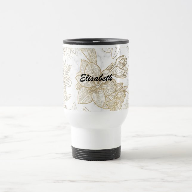 Eleganter, weißer Goldmarmor mit Blumen Reisebecher (Mittel)