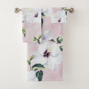 Eleganter weißer Hibiskus auf weichrosa Hintergrun Badhandtuch Set