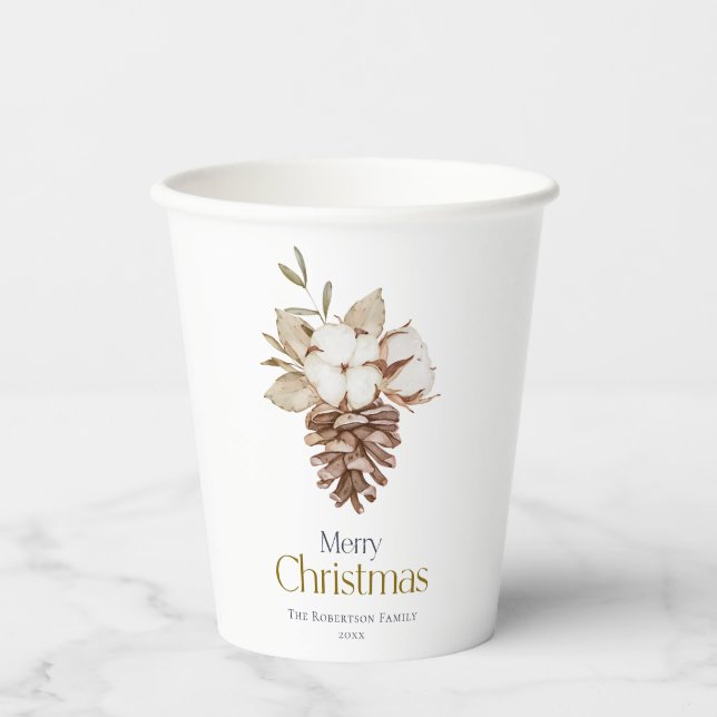 Eleganter weißer Hintergrund Baumwolle & Pinecone Pappbecher (Vorderseite)