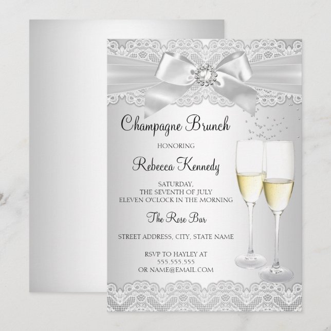 Eleganter Weißer Lace Champagne Brunch Einladung (Vorne/Hinten)