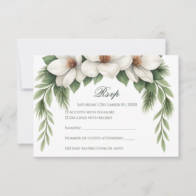 Eleganter weißer Magnolia-Kiefernwald RSVP Karte (Vorderseite)