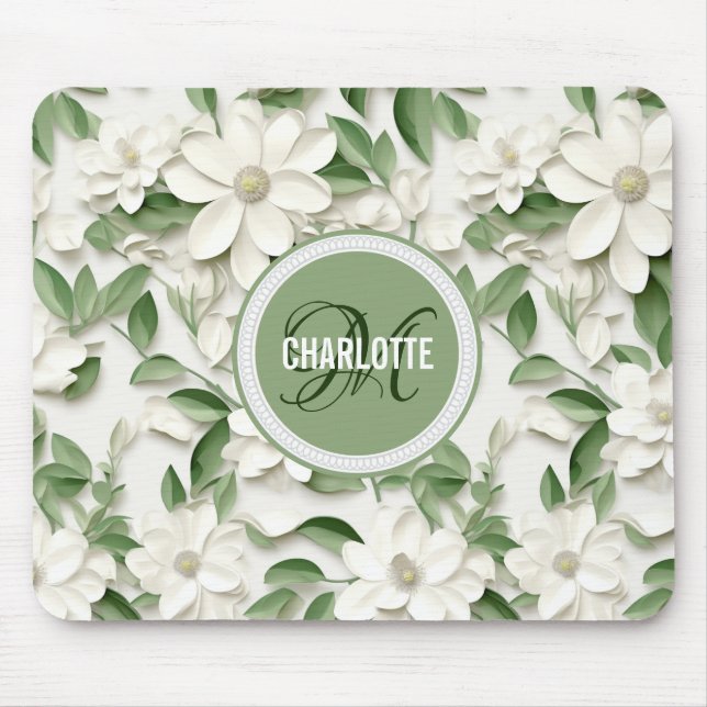 Eleganter, weißer Magnolienname mit Monogramm Mousepad (Vorne)