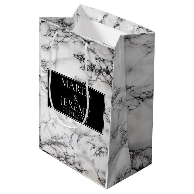 Eleganter weißer Marmor mit schwarz Mittlere Geschenktüte (Rückseite Schrägansicht)