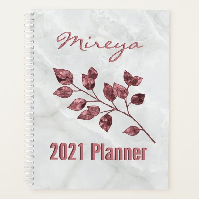 Eleganter weißer Marmor Pink Foil Blätter Personal Planer (Vorderseite)