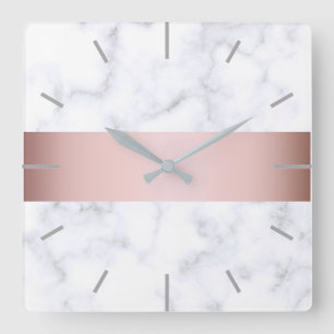 eleganter weißer MarmorRosengoldImitatstreifen Quadratische Wanduhr