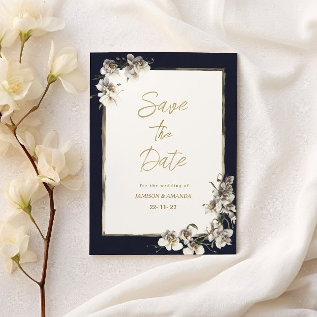 Eleganter weißer Orchid aus Marineblau Save the Da Einladung (Elegant navy blue gold white orchid Save The Date )
