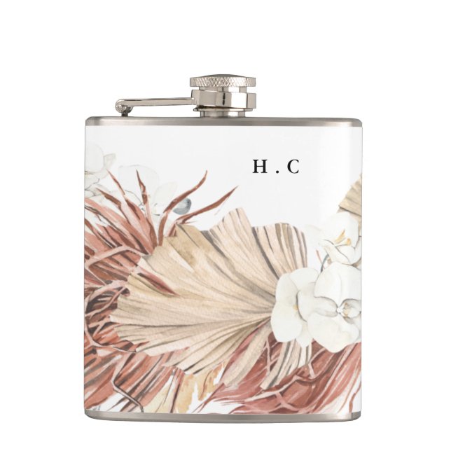 Eleganter weißer Pampasgras-Trauzeuge Flask Flachmann (Vorderseite)