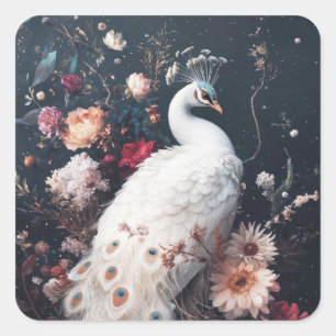 Eleganter Weißer Pfau mit Türkisen Augenfleckfeder Quadratischer Aufkleber