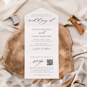Eleganter Weißer QR-Code RSVP Kalligrafie Hochzeit All In One Einladung