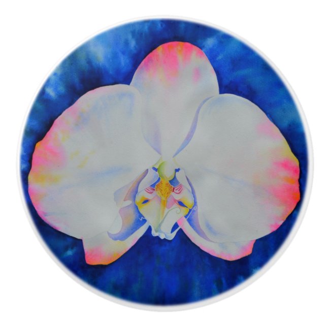 Eleganter, weißer, rosa Aquarellorchid Keramikknauf (Vorderseite)