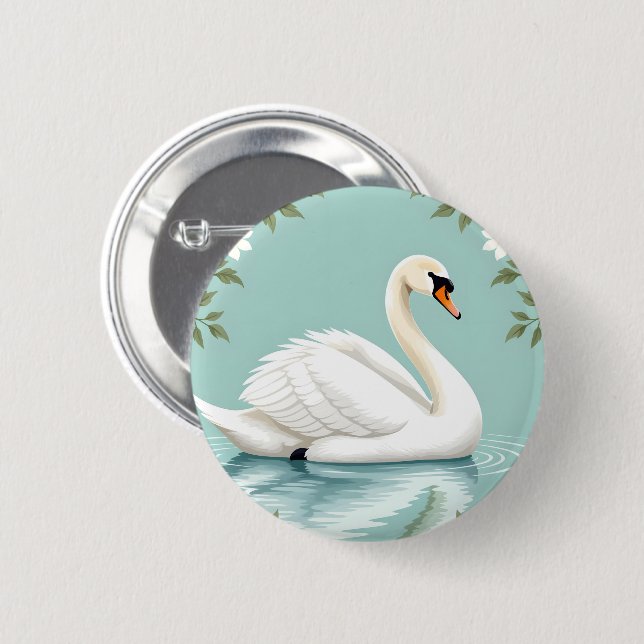 Eleganter weißer Schwan floral blau Button (Vorne & Hinten)