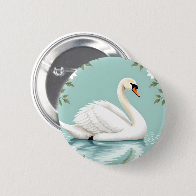 Eleganter weißer Schwan floral blau Button (Vorne & Hinten)