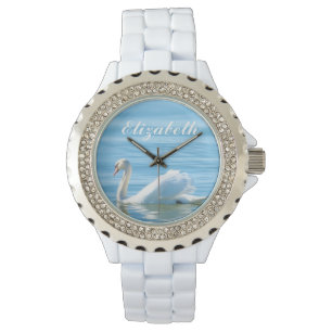 Eleganter weißer Schwan-personalisierter Name Armbanduhr