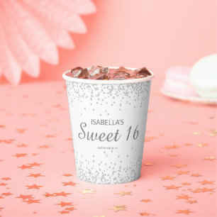 Eleganter Weißer Silber Glitter Sweet 16 Name Pappbecher