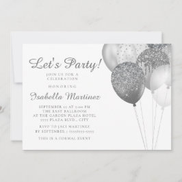 Eleganter Weißer Silber Glitzer Balloons Sweet 16 Einladung