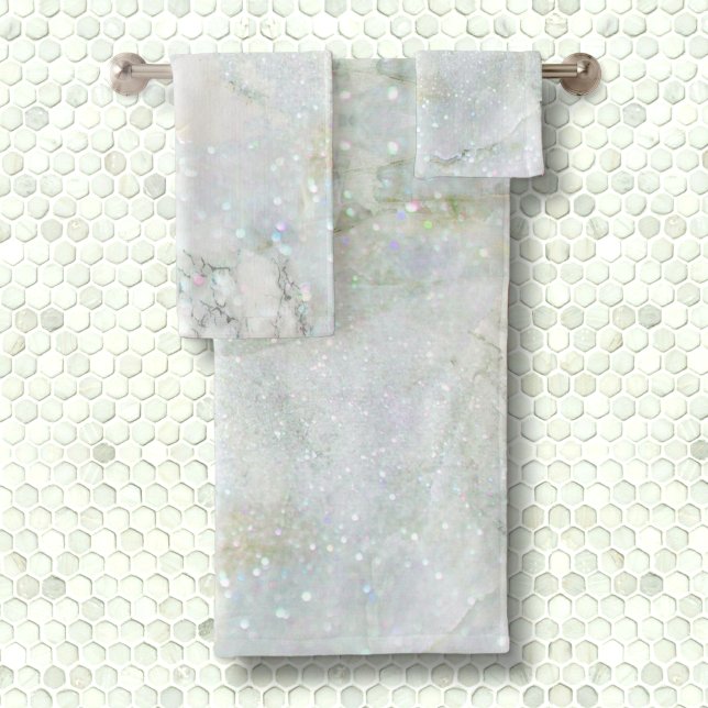 Eleganter weißer Silberner Glitzer Iridescent Marm Badhandtuch Set (Von Creator hochgeladen)