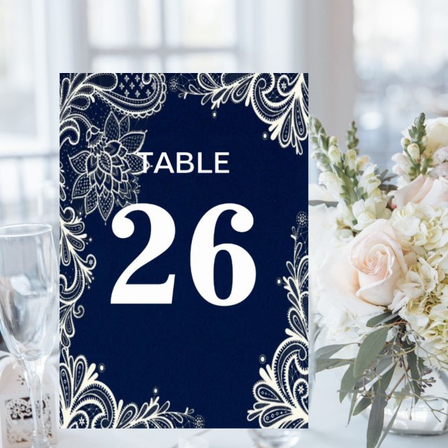 Eleganter, weißer Strand mit blauer Spitze Tischnummer (elegant nautical beach white lace navy blue table number)