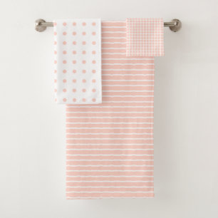 Eleganter weißer Streifen und Karo Pink Polka Dot Badhandtuch Set