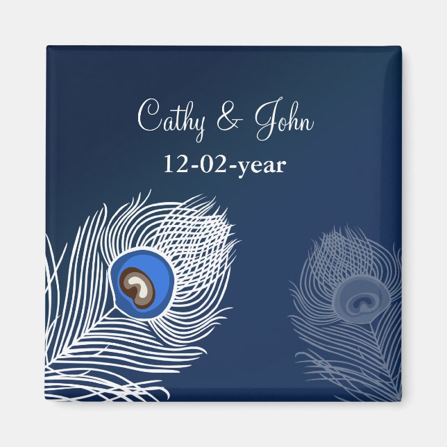 Eleganter weißer und blauer Pfau Save the Date Magnet (Vorne)