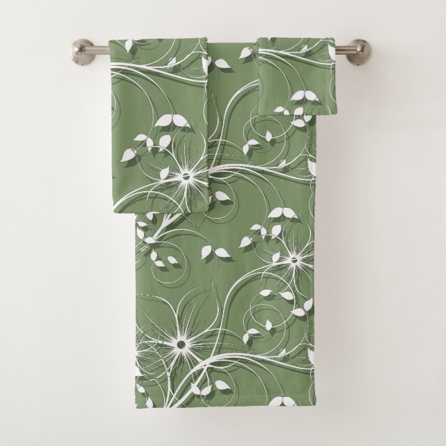 Eleganter weißer und grüner grafischer Blumenwirl Badhandtuch Set (Insitu)