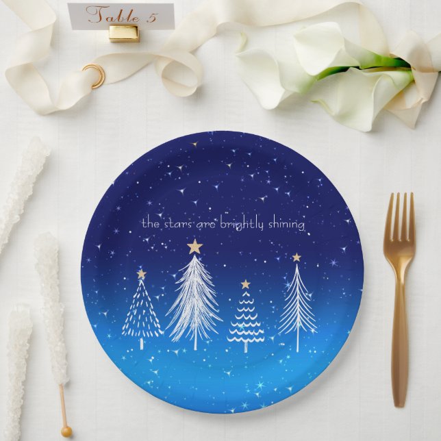 Eleganter weißer Weihnachtsbaum mit Goldstars Pappteller (Hochzeit)
