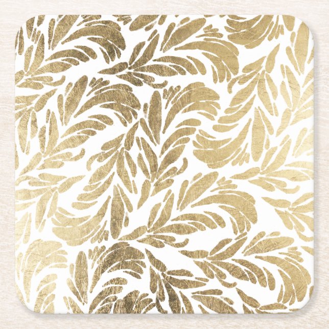 Eleganter weißes Goldmoderner Blumendamast Rechteckiger Pappuntersetzer (Vorderseite)