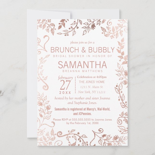 Eleganter Weißrose Gold Blumenbrunch Bubbly Einladung (Vorderseite)
