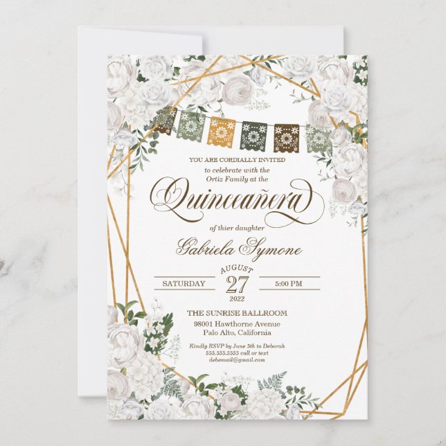Eleganter Weißrosen Western Rustikale Quinceanera Einladung (Vorderseite)