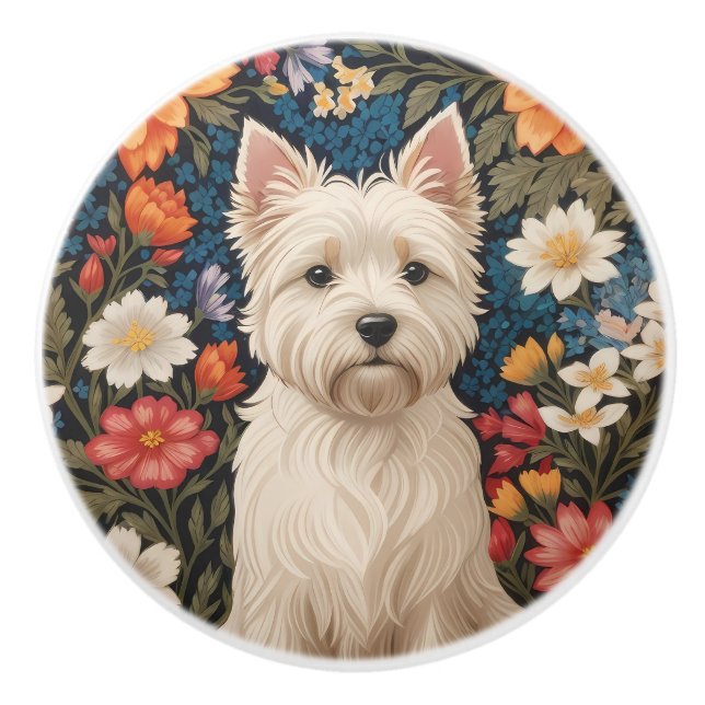 Eleganter West Highland Terrier Farbige Blumenmust Keramikknauf (Vorderseite)