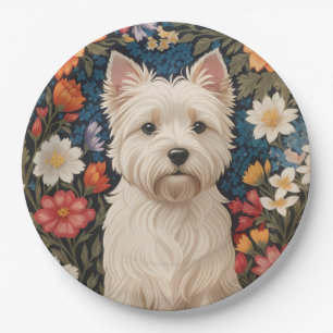 Eleganter West Highland Terrier Farbige Blumenmust Pappteller