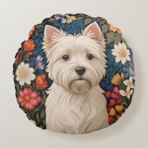 Eleganter West Highland Terrier Farbige Blumenmust Rundes Kissen
