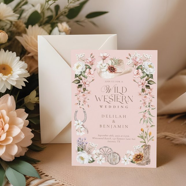 Eleganter Western Watercolor Blumencowboy Hochzeit Einladung (Elegant Western Watercolor Floral Cowboy Wedding Invitation)