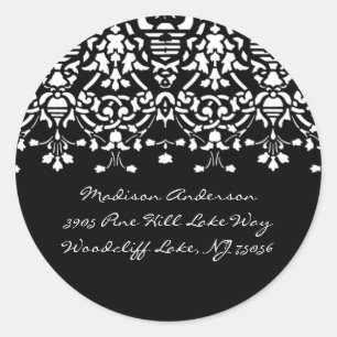 Eleganter White & Black Damask-Adressenaufkleber Runder Aufkleber