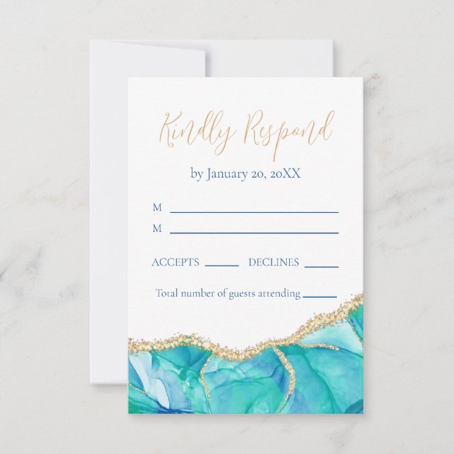Eleganter White Blue Gold Glitzer Wedding RSVP (Vorderseite)