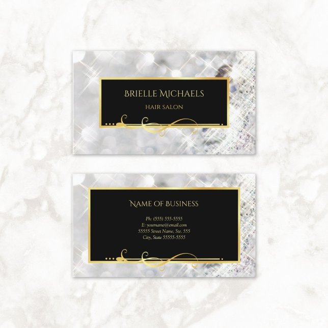 Eleganter White Diamonds Gold Filigree Hair Salon Visitenkarte (Elegant White Diamonds Gold Filigree Hair Salon Business Cards)