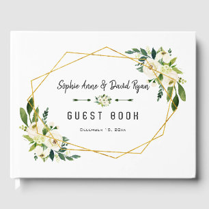 Eleganter White Floral Gold Rahmen Hochzeitsplaner Gästebuch
