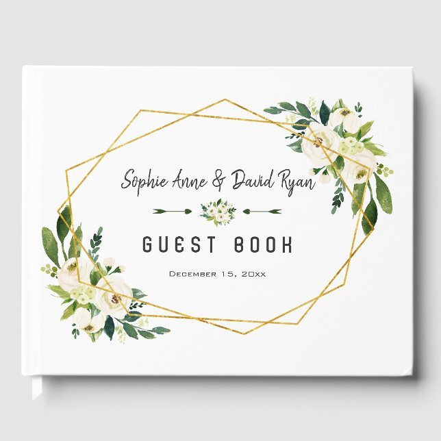 Eleganter White Floral Gold Rahmen Hochzeitsplaner Gästebuch (Vorderseite)