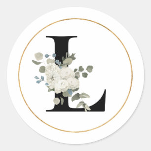 Eleganter White Floral Monogram Letter L auf Weiß Runder Aufkleber