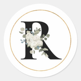 Eleganter White Floral Monogram Letter R auf Weiß Runder Aufkleber