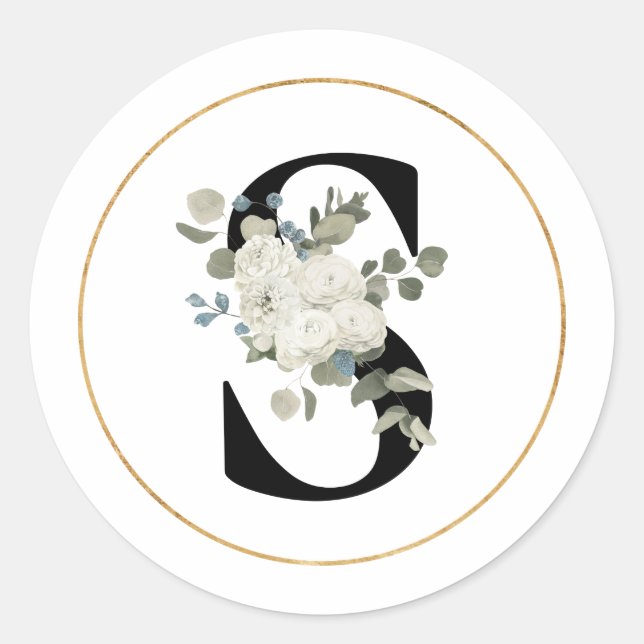 Eleganter White Floral Monogram Letter S auf Weiß Runder Aufkleber (Vorderseite)