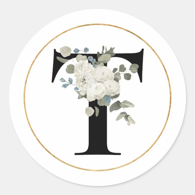 Eleganter White Floral Monogram Letter T auf Weiß Runder Aufkleber (Vorderseite)