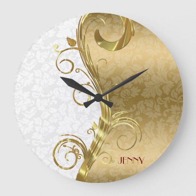 Eleganter White Gold Damaskus Gold Wirbel Große Wanduhr (Vorderseite)