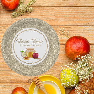 Eleganter White Gold Glitzer Jewish Rosh Hashanah Pappteller