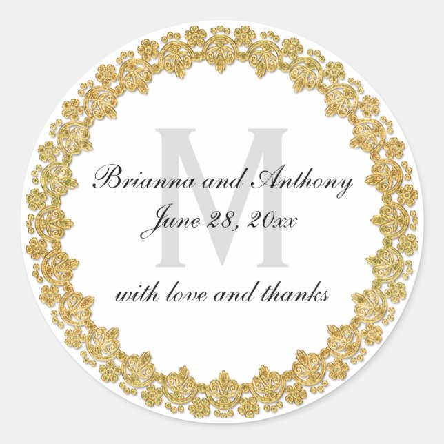 Eleganter White & Gold Hochzeitsticker mit Monogra Runder Aufkleber (Vorderseite)