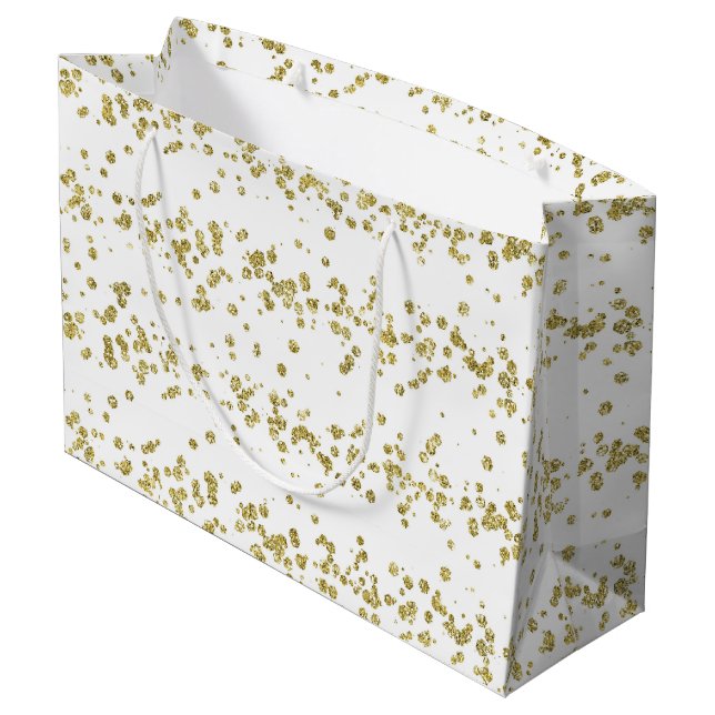 Eleganter White & Gold Imitate-Glitzer Polka Dot Große Geschenktüte (Rückseite Schrägansicht)